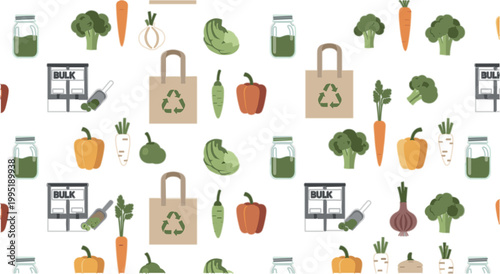 Zero Waste Pattern with Organic Vegetables Glass Jars Bulk Store Elements and Recycle Bags for Eco Friendly Grocery and Sustainable Lifestyle Design