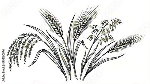 Variety of cereal grains in sketch style with black and white plant life brush stroke agriculture illustration isolated botanical foodstuff