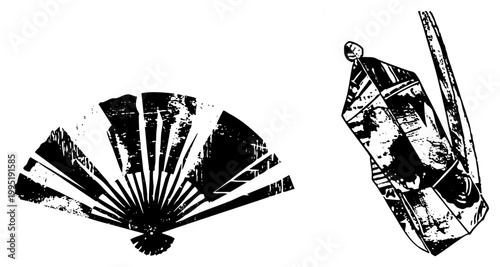 Handheld folding fan and quartz crystal illustration, stylized cutout artwork, textured silhouette, retro woodcut aesthetic, vintage graphic element.
