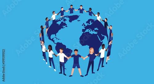 Diverse people holding hands around globe.