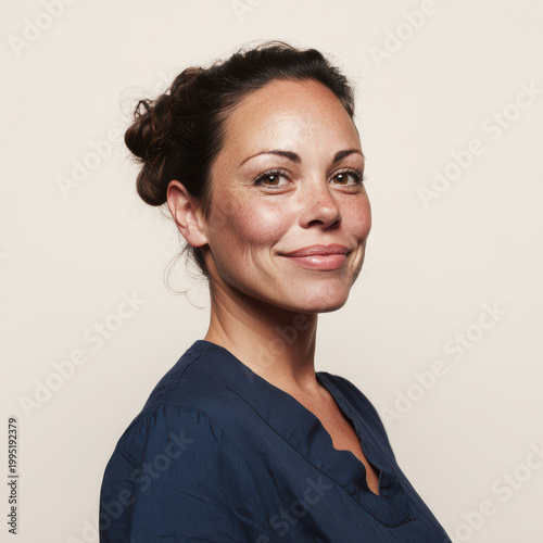 midwife with focused smile displaying compassion and professionalism against ultrabright clean white background