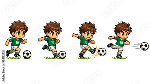 Pixel art soccer player in green jersey kicking a ball animation