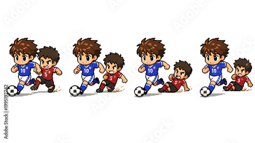 Pixel art soccer players dribbling and tackling in animation frames