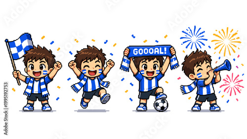 Pixel art soccer fans celebrating with flags and confetti