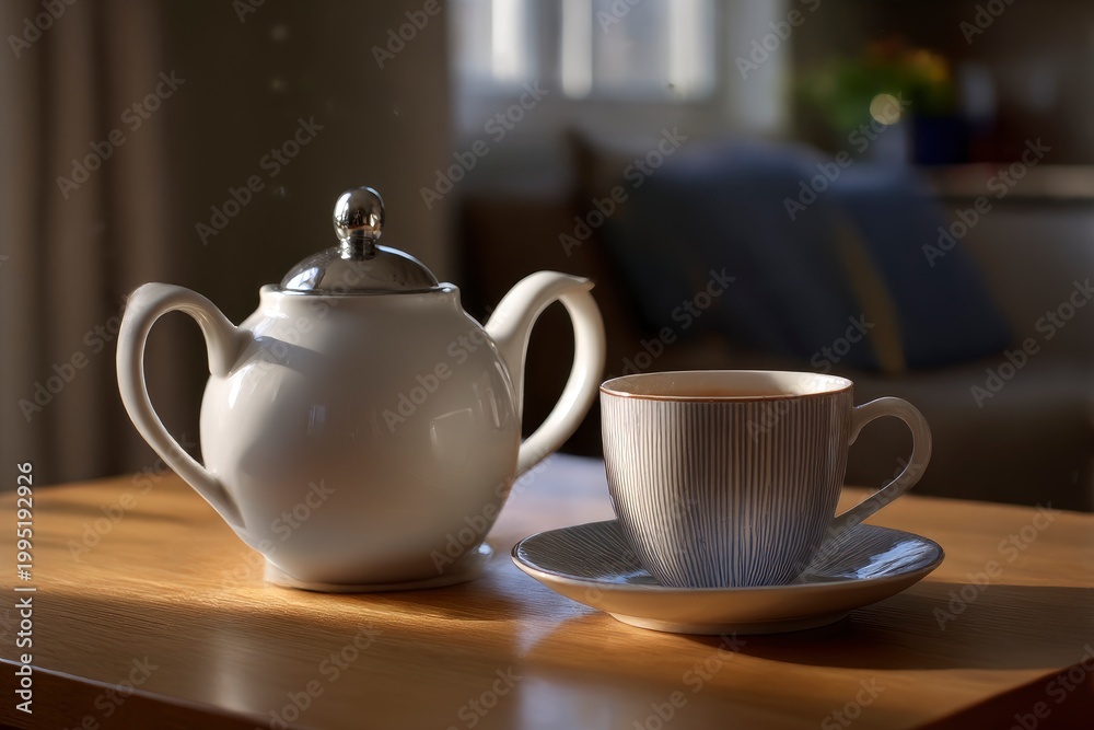 Fototapeta premium Tea set on wooden table indoors.