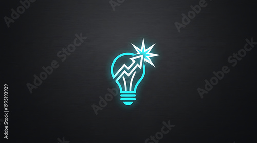 Lightbulb icon with glowing neon blue arrow rising through a jagged star burst.
