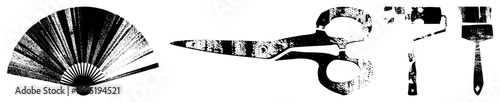 Stylized graphic set featuring folding fan, shears, roller brush, and paintbrush ideal for design assets, print, or digital collages. stippled, rasterized silhouettes.