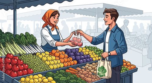 Woman handing fresh produce to man at vibrant outdoor market stall