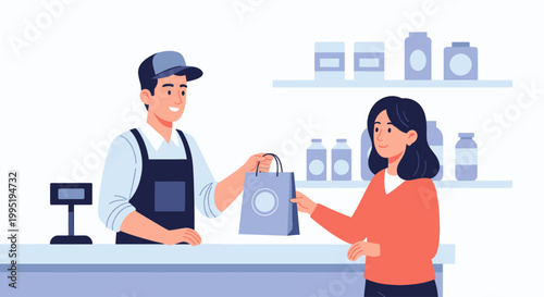 Customer receives shopping bag from store employee at checkout counter