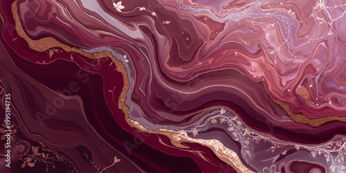 An abstract purple and red silk background features wavy liquid textures and satin ripples that create a swirl of light and dark paint in a flowing material design