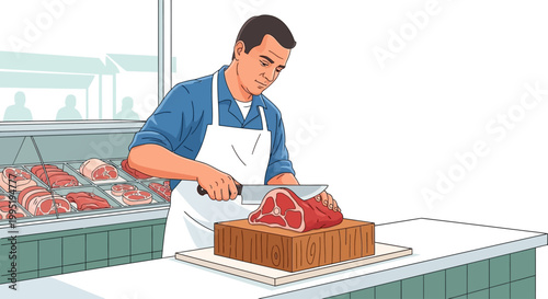 Man cutting meat on a table in a butcher shop interior scene