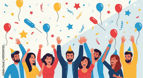 People celebrate with balloons and confetti in a festive scene