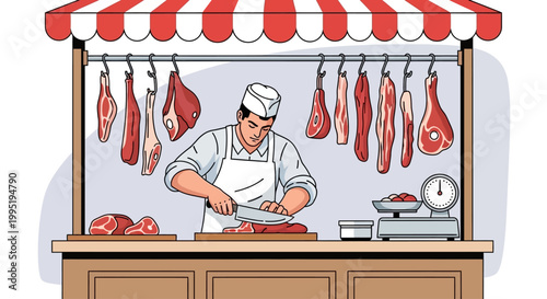 Man cuts meat at a butcher shop counter with hanging carcasses