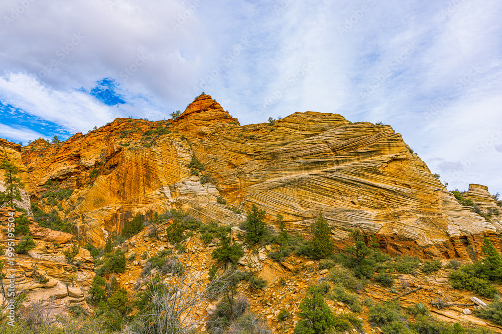 Εκτύπωση καμβά Golden-orange Navajo sandstone with distinctive cross-bedding patterns, blue sky
