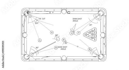 Detailed Billiard Pool Table Strategy Diagram with Ball Positions and Shot Angles