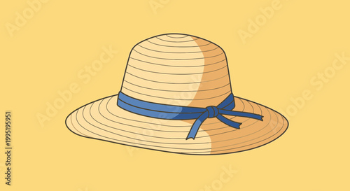 Summer Straw Hat with Blue Ribbon - Flat Design Illustration