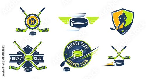 Photography Hockey Club Logos Set: Ice Hockey Equipment, Pucks, Sticks, Shields