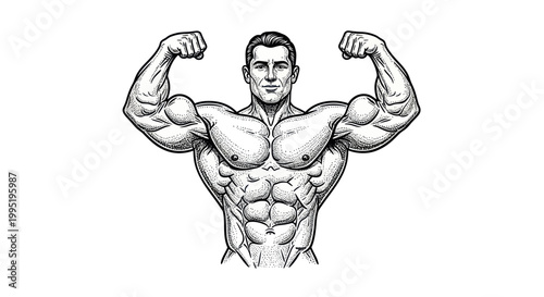 Muscular Man Bodybuilder Flexing Biceps, Strong Fitness Physique Illustration