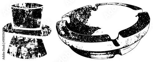 Vintage top hat and cigarette ashtray rendered in halftone distress, retro set, graphic silhouette, glyph design, vintage accessory duo.