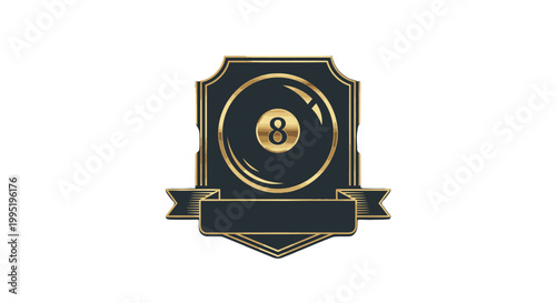 Elegant Billiard 8-Ball Emblem with Golden Frame and Banner Design on Isolated White Background.