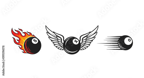 Dynamic Billiard Black 8-Balls with Fiery Flames, Majestic Wings, and Speed Motion on Isolated White Background.