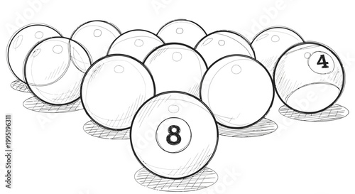 Black and White Sketch Style Illustration of Group of Billiard Pool Balls Including 8-Ball on Table, Isolated White Background