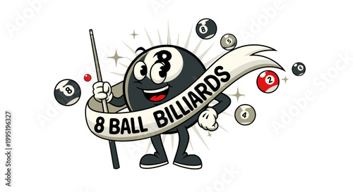 Cheerful Cartoon 8-Ball Billiards Mascot Character Playing Pool with Cue Stick and Banner, In Bright Studio