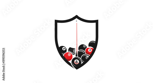 Sporty Shield Emblem Design with Dynamic Arrangement of Red and Black Billiard Pool Balls Including 8-Ball, In Bright Studio