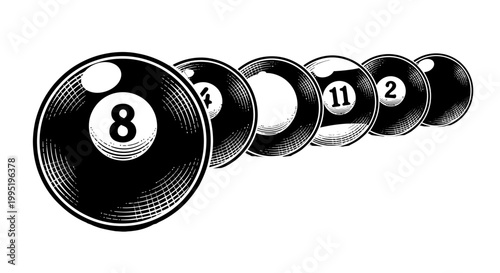 Black and White Engraving Style Illustration of Billiard Pool Balls Lined Up in Perspective with 8-Ball, Isolated White Background