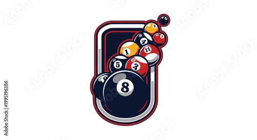 Dynamic Stack of Billiard and Pool Balls with 8-Ball Inside Stylized Rectangular Frame, In Bright Studio