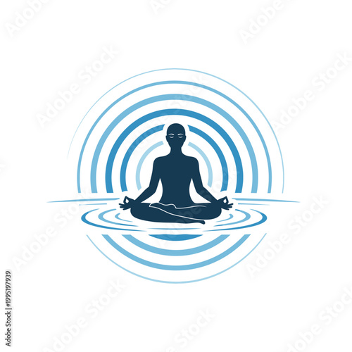Silhouette of a person meditating in a lotus pose with radiating circles.