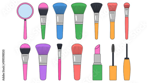 Colorful makeup brushes set with mascara wand