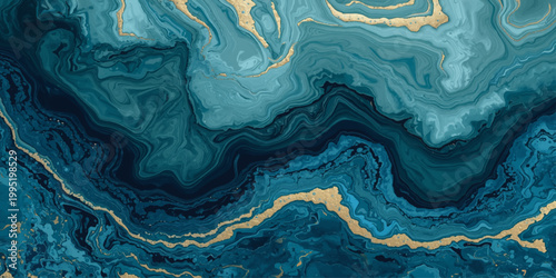 Abstract blue and yellow background featuring artistic waves and a liquid water texture with ripples reflecting light on a clear aqua surface flow