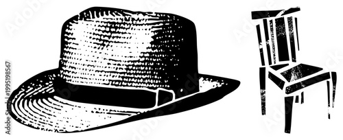 Retro fedora hat with woven texture, classic trilby style headwear, accompanied by rustic wooden chair, both rendered as halftone vector graphics for vintage design use.