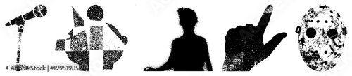 Dot matrix mic, fragmented figure, meditative pose, rock hand, slasher mask great for pop/retro design. Alt names stippled, pixelated silhouettes.