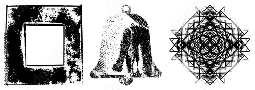Stylized trio distressed square, stippled bell, sacred geometry aka avant garde symbols, experimental glyphs, or esoteric emblems for design systems.