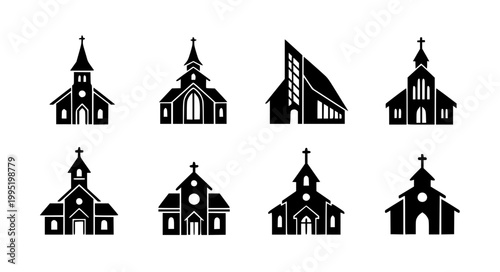 Christian Church Silhouette Vector Set Religious Building Icons Illustration Collection