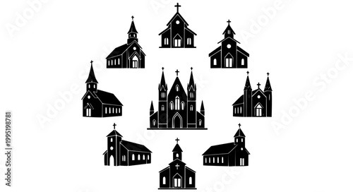 Church Silhouette Vector Set Christian Religious Building Illustration Collection