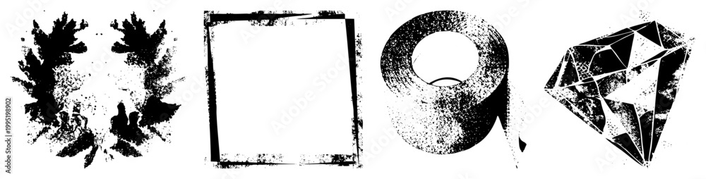 Obraz premium Distressed graphic elements including foliage splatter, border frame, adhesive roll, gem ideal for urban, punk, or vintage layouts. Alternate names stencil kit, grunge assets.