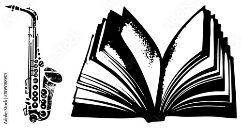 Vintage jazz instrument paired with literature symbol, wind instrument and reading material, musical education, artistic combo of music and text.