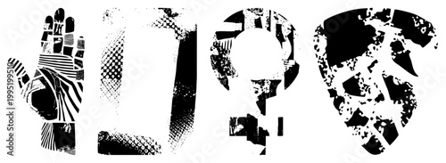 Stylized halftone hand illustration with fragmented, geometric abstraction, vector design, digital art cutout, print ready graphic.