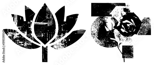 Graphic cutouts featuring lotus and rose motifs, rendered in high contrast with distressed halftone effects ideal for print or digital design.