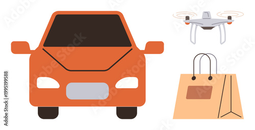 Online shopping, delivery services, e-commerce, last-mile logistics, quadcopter technology, retail solutions. Orange car, Quadcopter paper shopping bag. Online shopping and delivery services concept