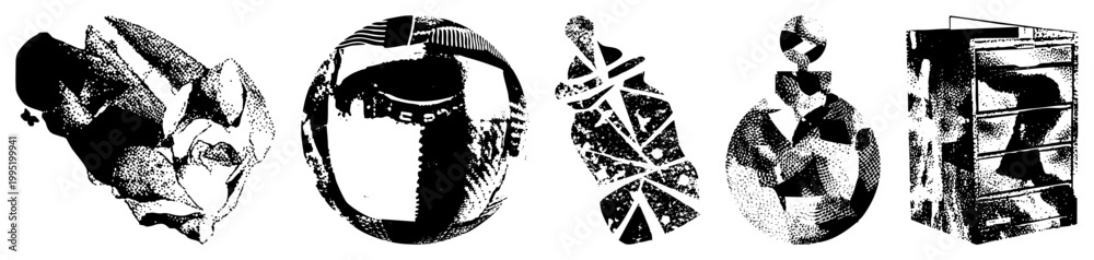 Obraz premium Stippled graphic elements, dot matrix, fragmented forms, halftone art, abstract design motifs, digital raster effects, vector cutouts.