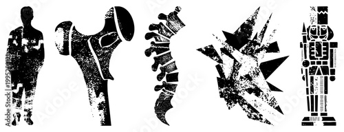 Stylized medical illustrations rendered as distressed black silhouettes anatomical cutouts including, vertebrae, and humanoid forms. Alternative names x ray art, skeletal graphics.