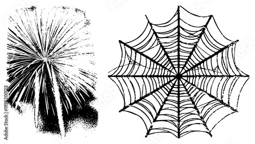 Gothic spiderweb and explosive firework graphic, ornamental web design, fireworks burst illustration, retro halftone art, Halloween motif, print.