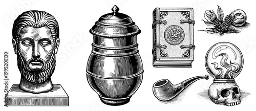 Etched art depicting arcane artifacts, esoteric symbols, occult paraphernalia, classical sculpture, and alchemical tools rendered in stipple and hatching.