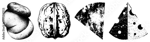 food illustrations using halftone dot includes baked good, nut, dairy wedge, and textured slice ideal for retro menus or print design.
