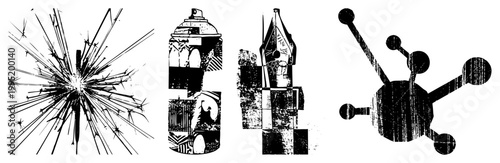 Distressed graphic featuring sparkler firework, aerosol spray can, vintage fountain pen nib, and molecular model ideal for urban art, streetwear design, or scientific illustration.