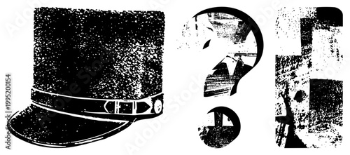 Abstract military hat paired with interrogative symbol, stylized insignia graphic, halftone headwear, emblem, graphic design element.